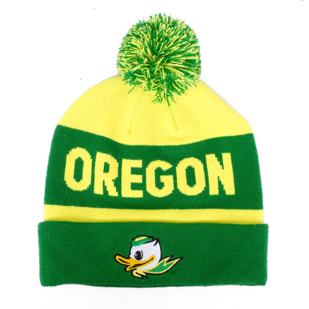 Fighting Duck, Nike, Green, Beanie, Acrylic, Accessories, Youth, Rolled Cuff, Pom, Mighty Oregon, Hat, 859360